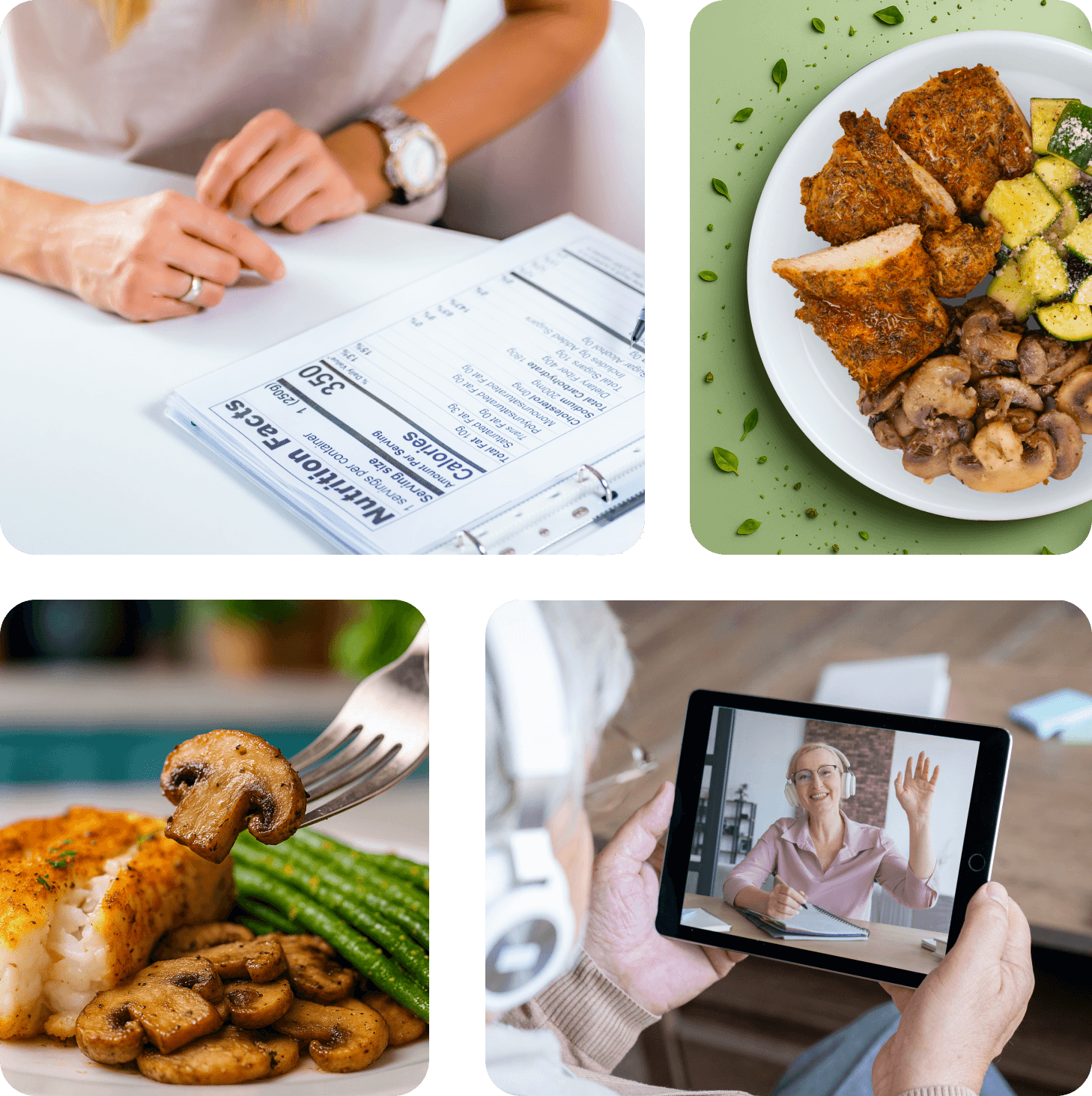 LifeChef mobile app with nutrition tracking and progress goals, alongside healthy meals and a smiling woman using her personalized meal plan